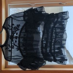 Sheer navy embroidered flutter sleeve top